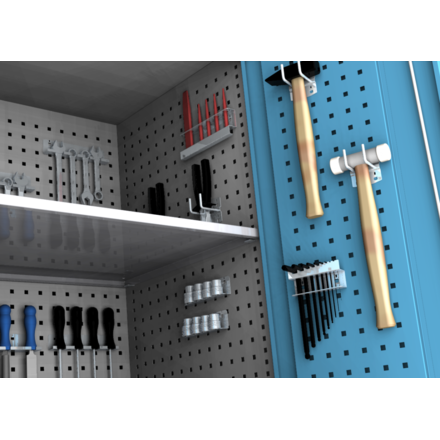 Mobile workshop container with 1 door and 2 shelves