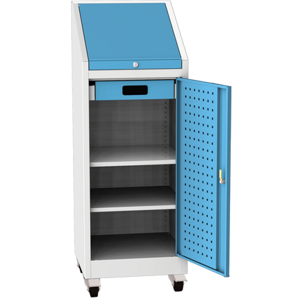 Workshop tool cupboard on wheels with an integrated writing table