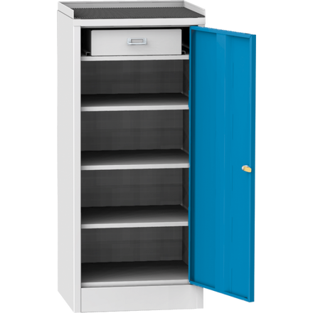 Workshop tool cupboard with framed rubber worktop