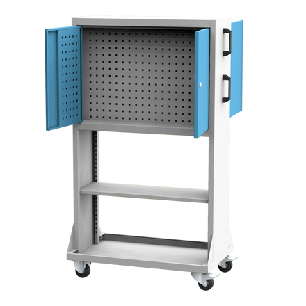 Pojízdný perforovaný panel na nářadí se dvěma uzamykatelými schránkami