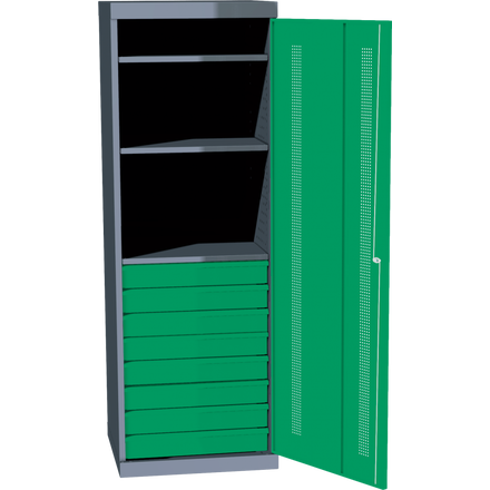 Universeller Werkstattschrank der Serie Economy, 3 Fachböden, 8 Schubladen