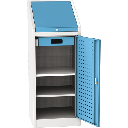 Workshop tool cupboard with an integrated writing table