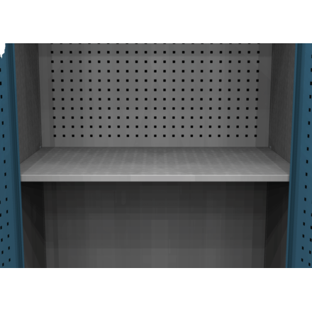 Two-door metal locker with a front mounted bench