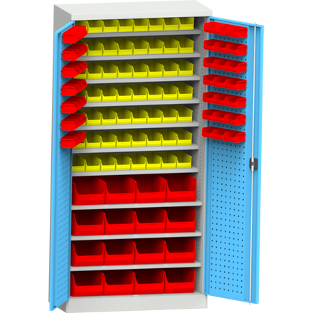 Workshop cabinet with plastic boxes