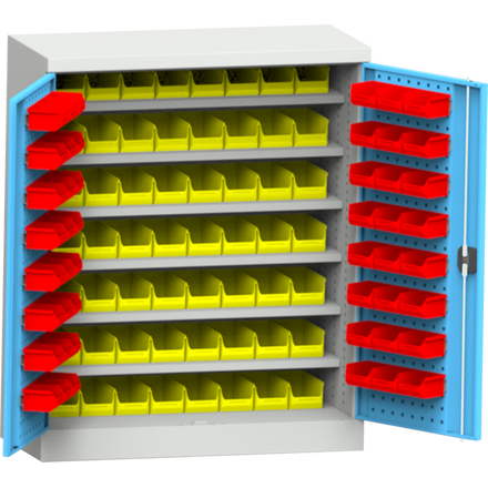 Workshop cabinet with plastic boxes