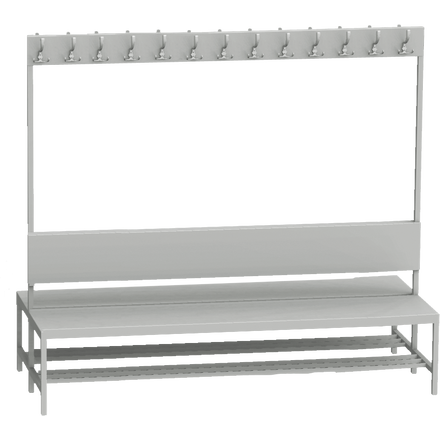 Double-sided locker room bench with coat rack