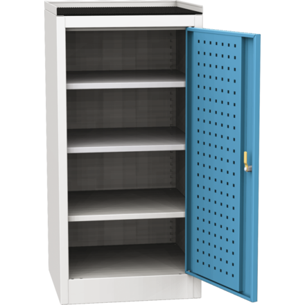 Workshop tool cupboard with framed rubber worktop