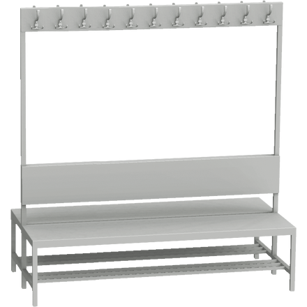 Double-sided locker room bench with coat rack