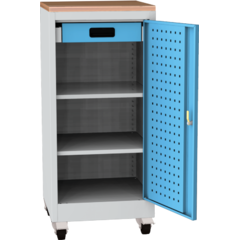 Workshop tool cupboard on wheels with beech worktop