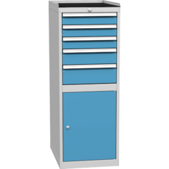 Basic combined workshop cabinet with 1 door, 2 shelves and 5 drawers