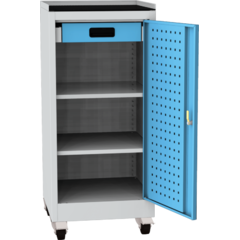 Workshop tool cupboard on wheels with a framed rubber worktop