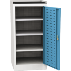 Workshop tool cupboard with framed rubber worktop