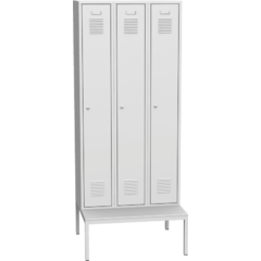 Cloakroom locker with bench fitted below