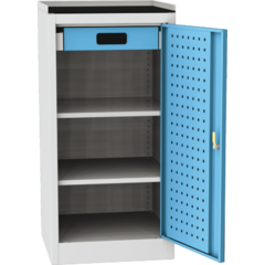 Workshop tool cupboard with framed rubber worktop